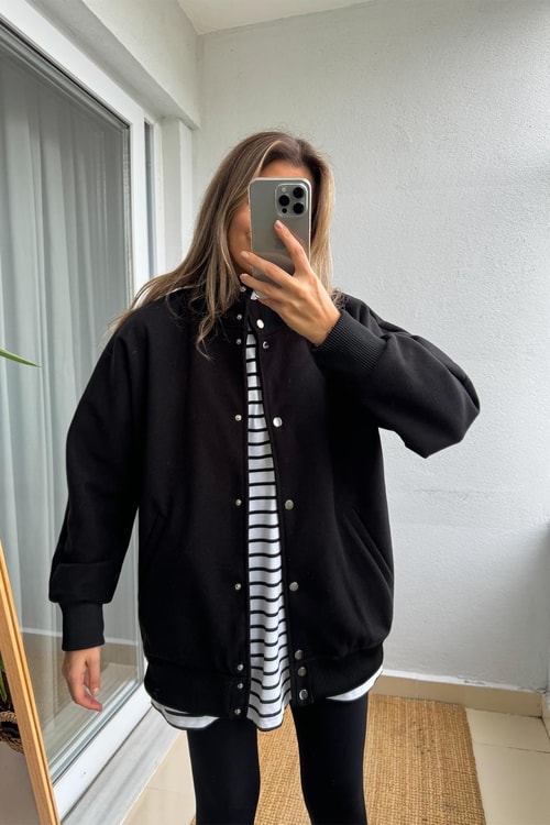 Çıtçıtlı Kaşe Bomber Ceket-Siyah