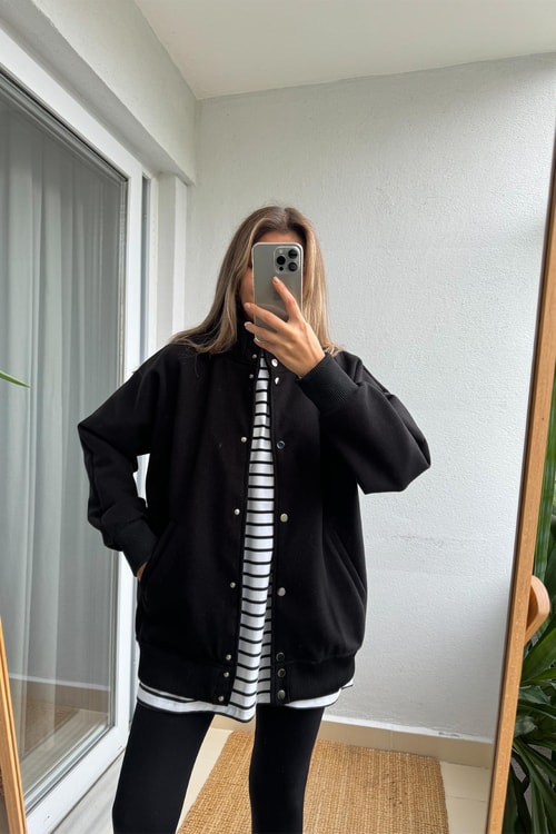 Çıtçıtlı Kaşe Bomber Ceket-Siyah