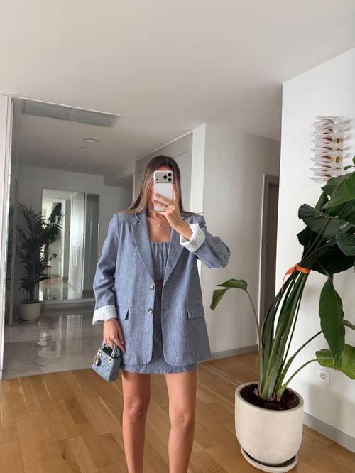 Çizgi Detaylı Keten Blazer Ceket - İndigo 