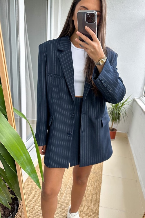 Çizgili Lacivert Premium Blazer Ceket