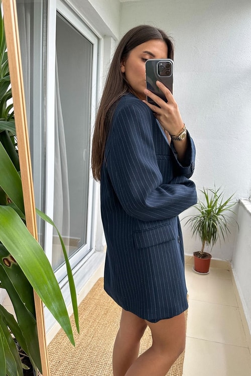 Çizgili Lacivert Premium Blazer Ceket