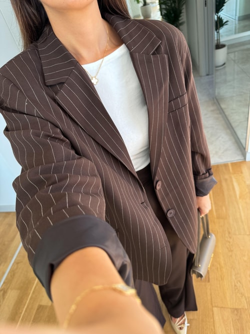Çizgili Oversize Blazer Ceket-Acı Kahve