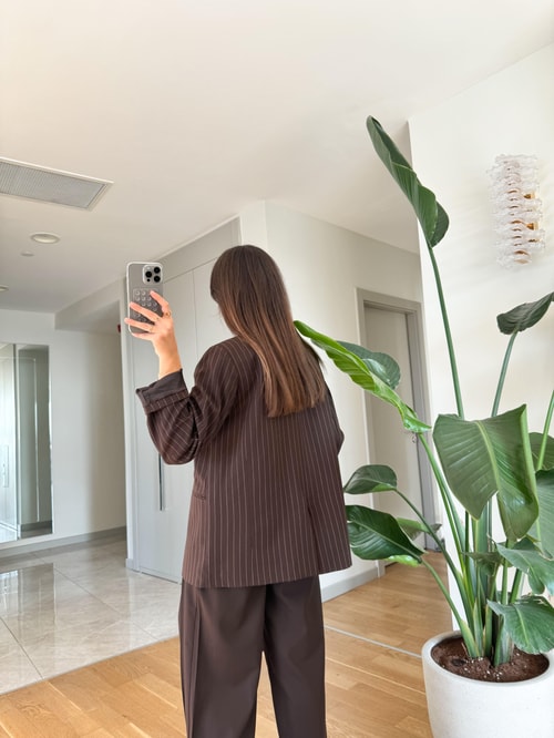 Çizgili Oversize Blazer Ceket-Acı Kahve