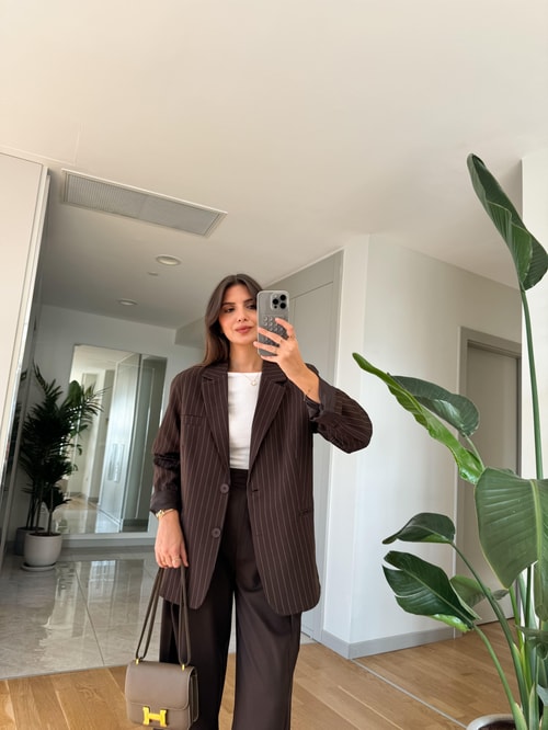 Çizgili Oversize Blazer Ceket-Acı Kahve