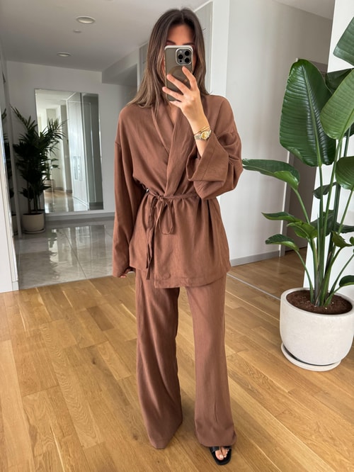 Clarie Kimono Pantolonlu Takım-Koyu Kahve
