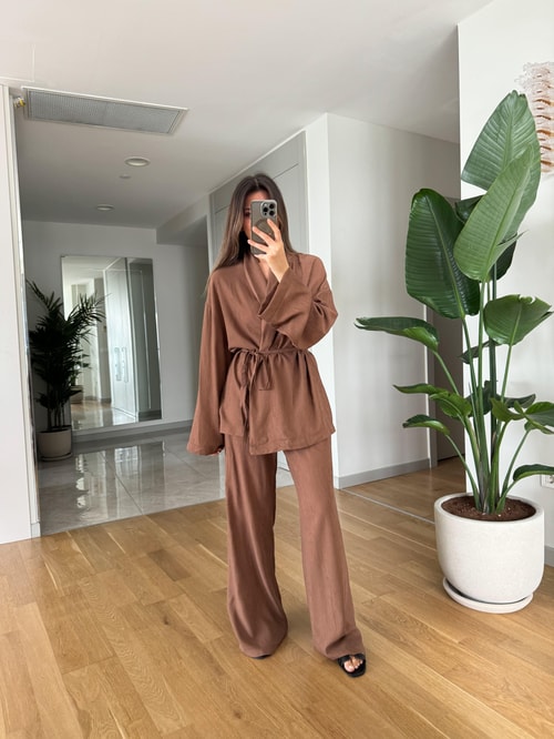 Clarie Kimono Pantolonlu Takım-Koyu Kahve