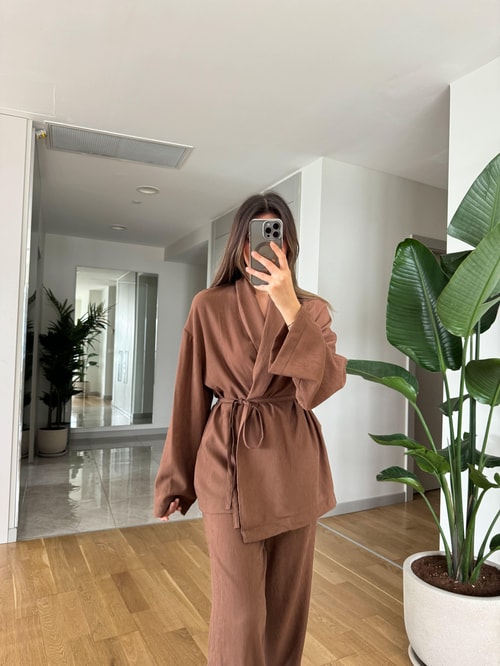 Clarie Kimono Pantolonlu Takım-Koyu Kahve