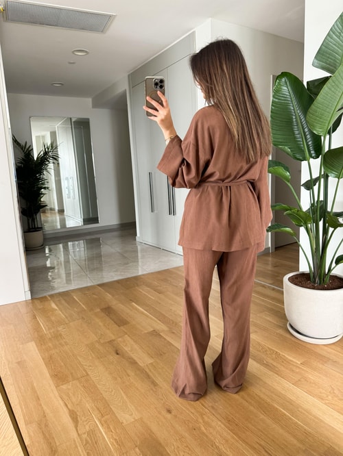 Clarie Kimono Pantolonlu Takım-Koyu Kahve