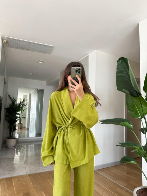 Clarie Kimono Pantolonlu Takım-Yağ Yeşili