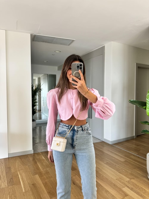 Crop Poplin Gömlek Bluz-Pembe