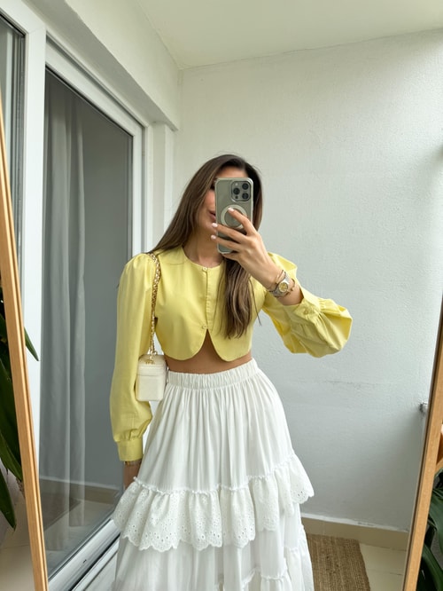 Crop Poplin Gömlek Bluz-Sarı