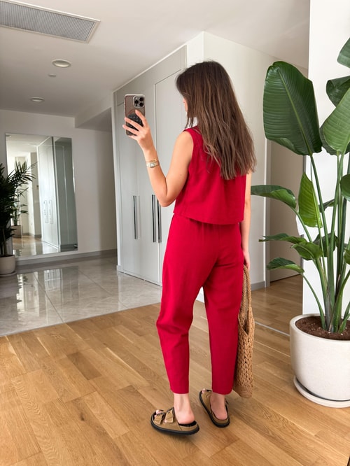 Daisy Keten Dokulu Bluz Pantolon Takım-Kırmızı