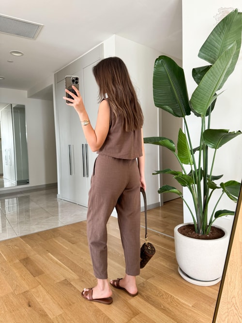 Daisy Keten Dokulu Bluz Pantolon Takım-Kahve