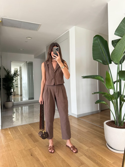 Daisy Keten Dokulu Bluz Pantolon Takım-Kahve