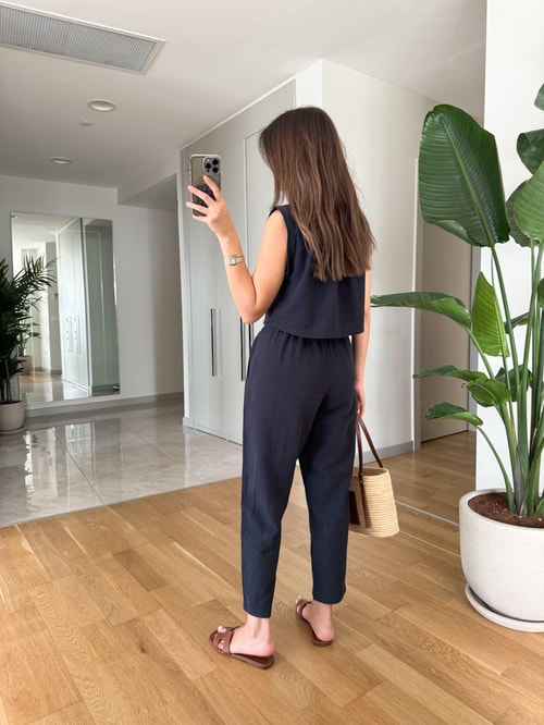 Daisy Keten Dokulu Bluz Pantolon Takım-Lacivert