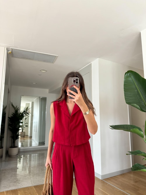 Daisy Keten Dokulu Bluz Pantolon Takım-Kırmızı
