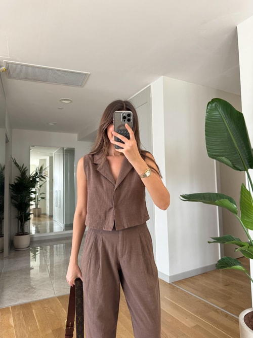 Daisy Keten Dokulu Bluz Pantolon Takım-Kahve