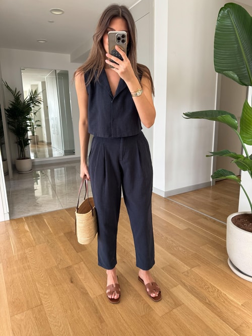 Daisy Keten Dokulu Bluz Pantolon Takım-Lacivert