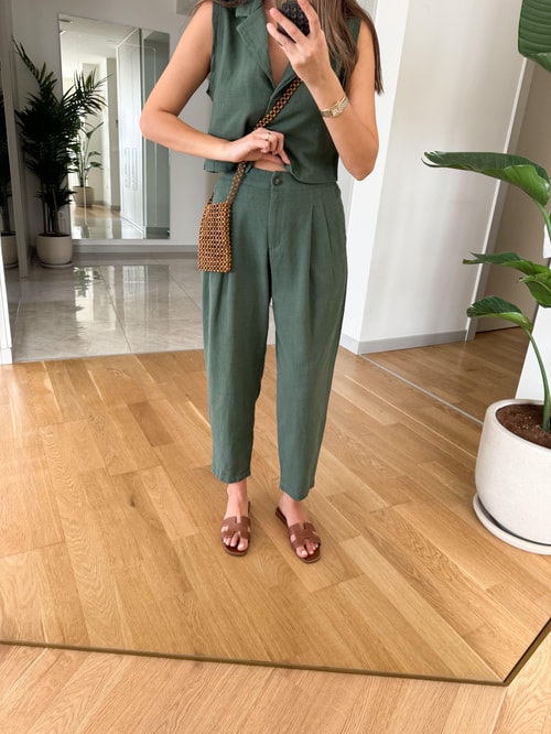 Daisy Keten Dokulu Bluz Pantolon Takım-Yeşil