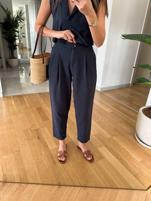Daisy Keten Dokulu Bluz Pantolon Takım-Lacivert