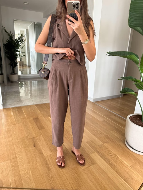 Daisy Keten Dokulu Bluz Pantolon Takım-Kahve