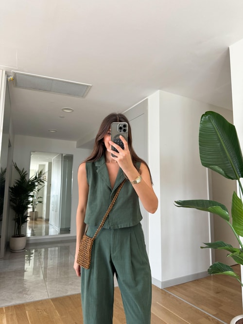 Daisy Keten Dokulu Bluz Pantolon Takım-Yeşil