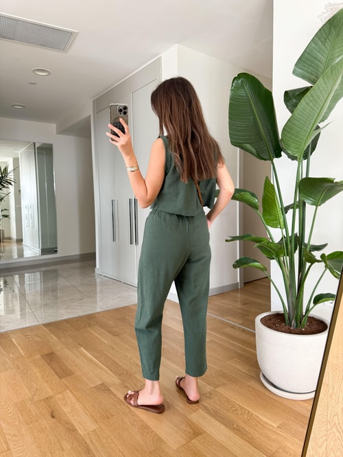 Daisy Keten Dokulu Bluz Pantolon Takım-Yeşil