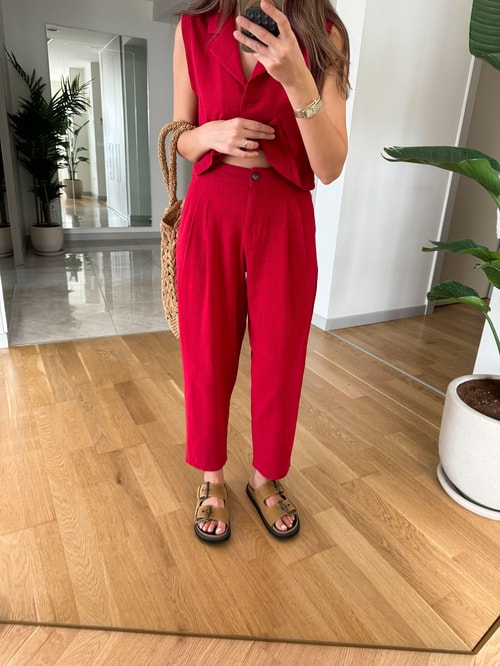 Daisy Keten Dokulu Bluz Pantolon Takım-Kırmızı