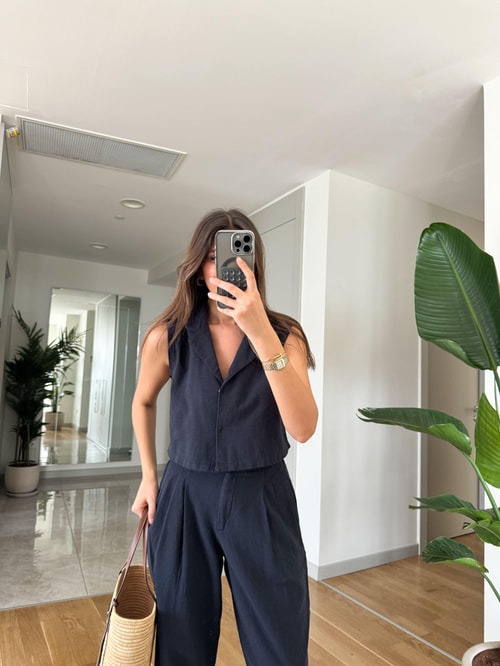 Daisy Keten Dokulu Bluz Pantolon Takım-Lacivert