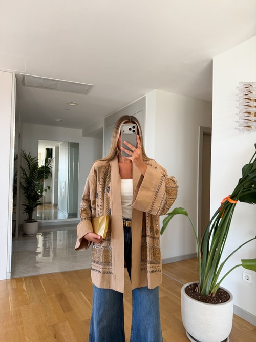 Daly Boncuk İşlemeli Kimono - Karamel