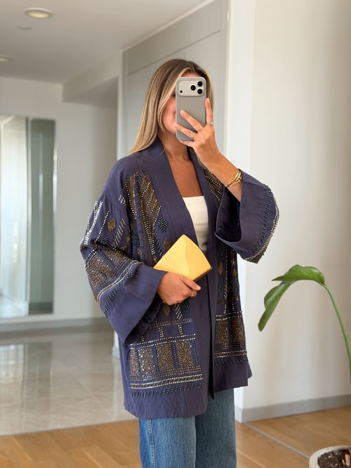 Daly Boncuk İşlemeli Kimono - Lacivert