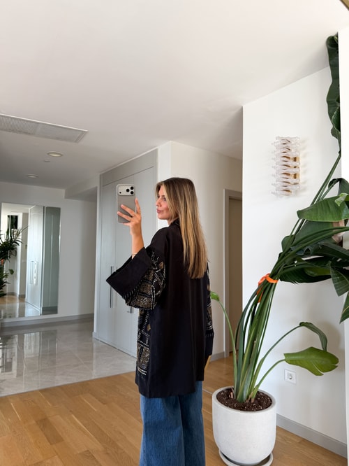 Daly Boncuk İşlemeli Kimono - Siyah