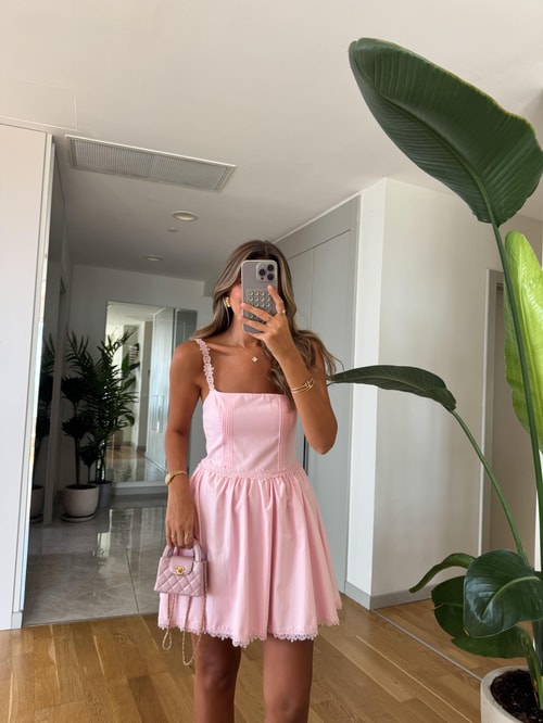 Dantel Askı Detaylı Kısa Elbise - Pembe