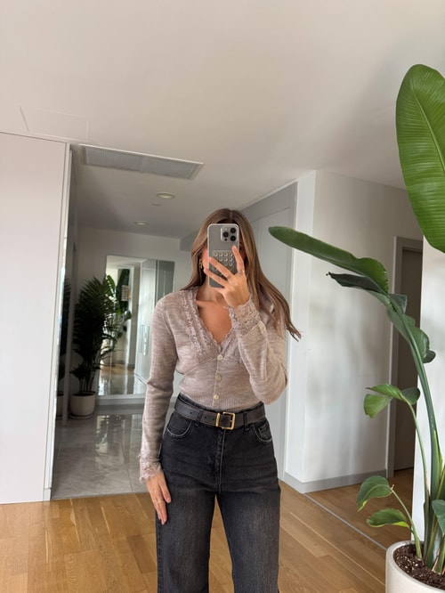 Dantel Detaylı Hırka - Bej 