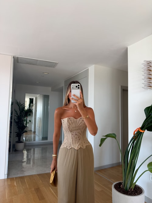 Dantel Detaylı Straplez Korse - Bej 