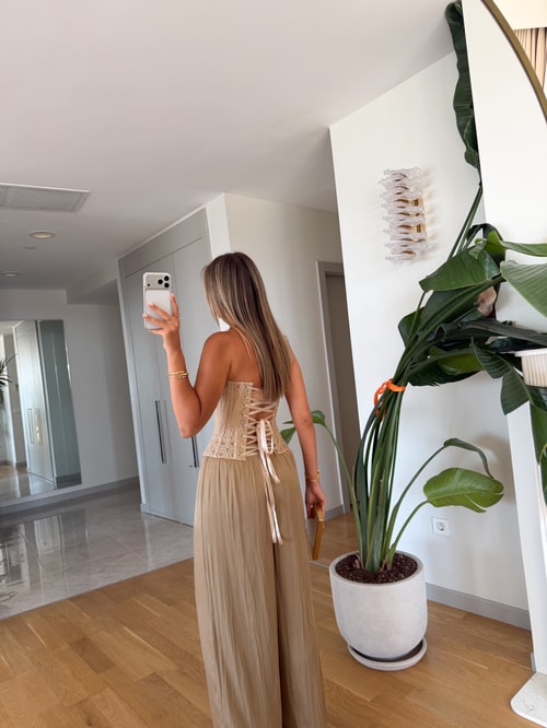 Dantel Detaylı Straplez Korse - Bej 