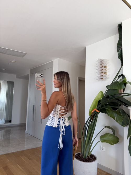 Dantel Detaylı Straplez Korse - Beyaz
