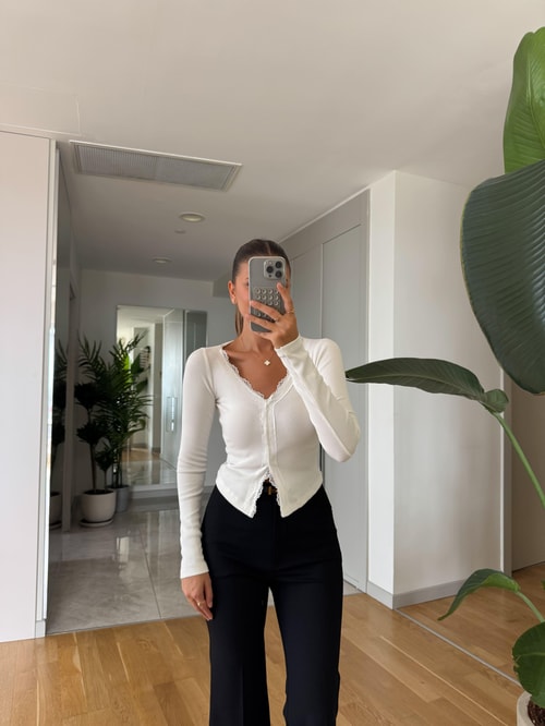 Dantel Geçişli Basic Bluz - Ekru