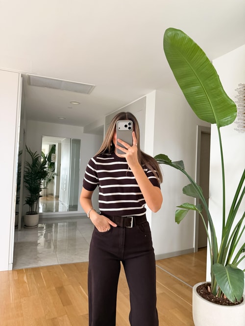 Darley Kısa Kollu Çizgili Triko - Kahve