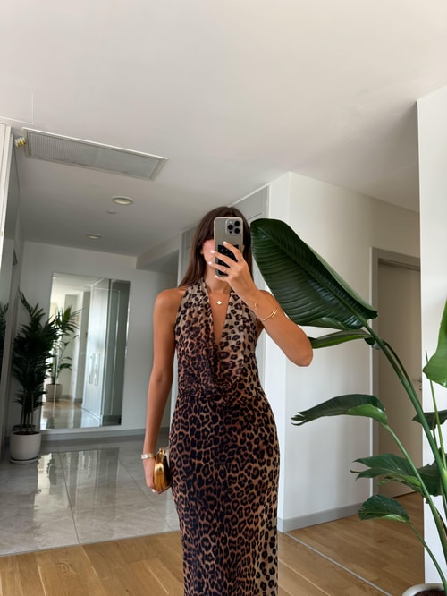 Degaje Yaka Leoparlı Tül Elbise