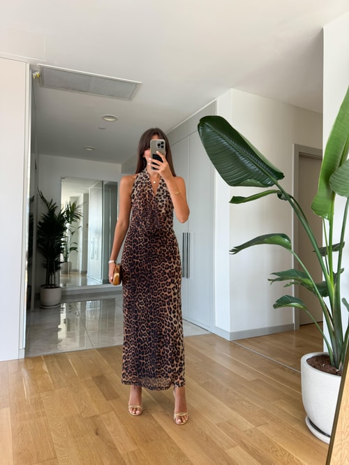 Degaje Yaka Leoparlı Tül Elbise