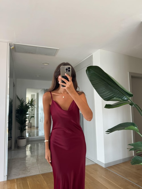 Degaje Yaka Saten Elbise -Bordo