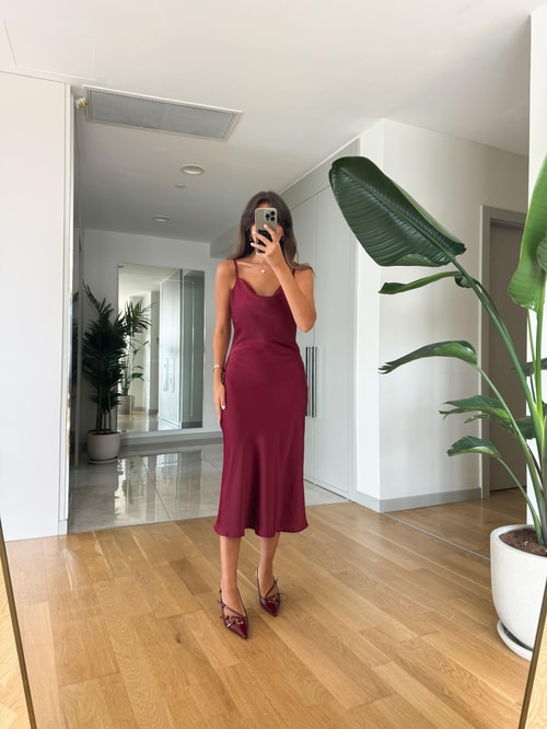 Degaje Yaka Saten Elbise -Bordo