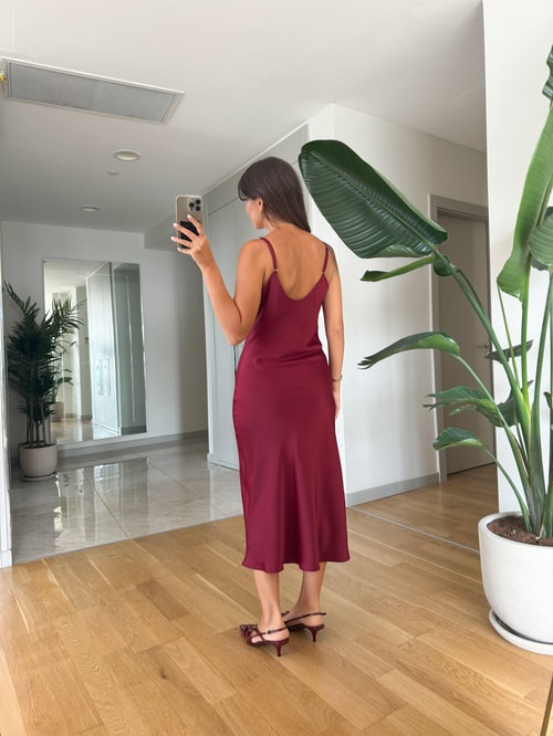 Degaje Yaka Saten Elbise -Bordo