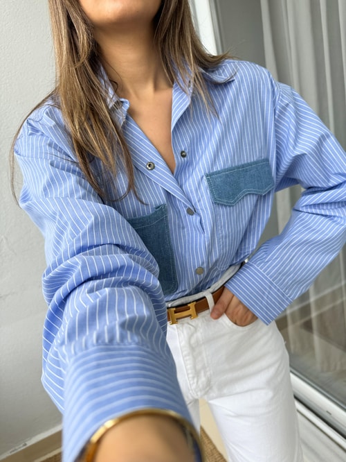Denim Cep Detaylı Çizgili Gömlek