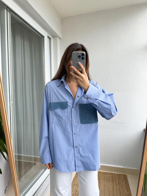 Denim Cep Detaylı Çizgili Gömlek