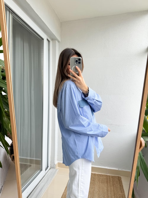 Denim Cep Detaylı Çizgili Gömlek
