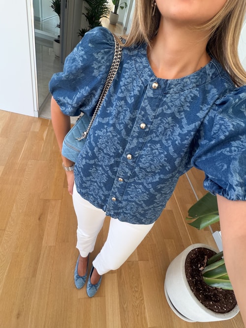 Desenli Balon Kol Denim Gömlek 