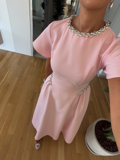 Dia Taş Detaylı Midi Elbise - Pembe