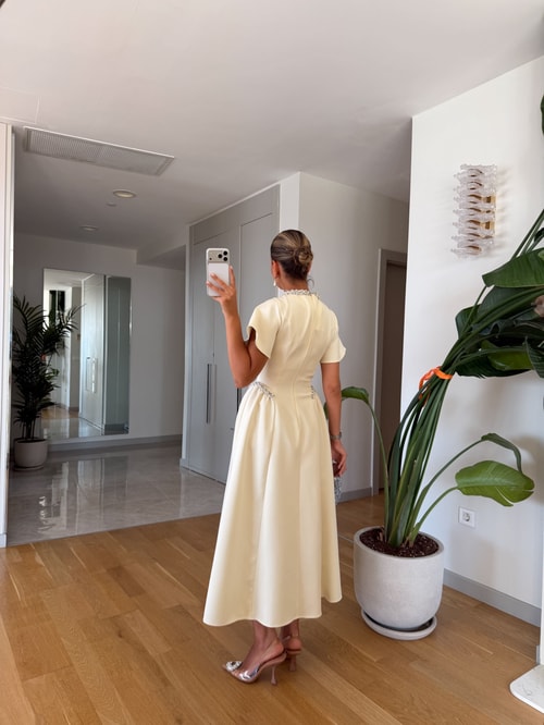 Dia Taş Detaylı Midi Elbise - Sarı